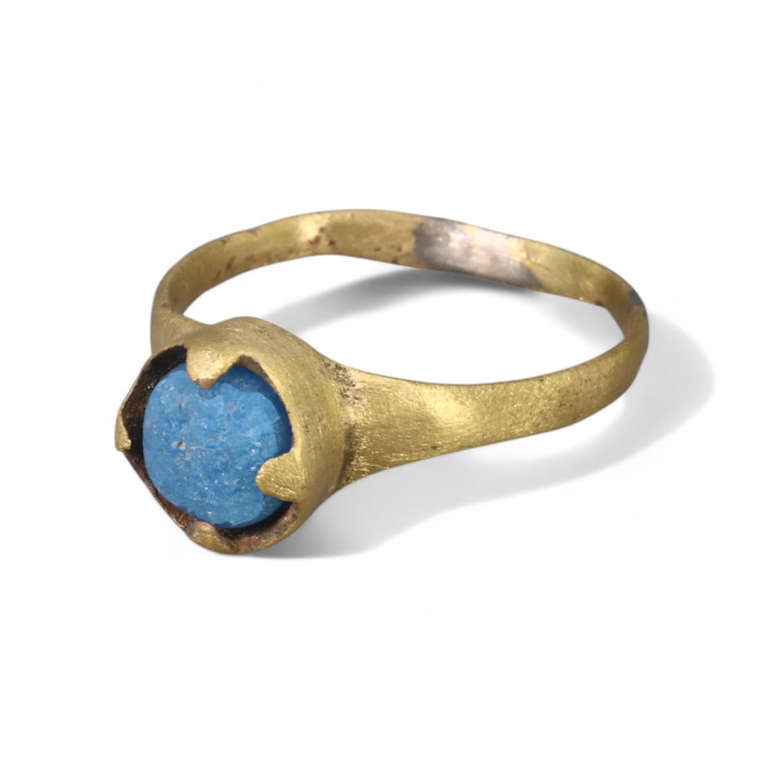 BYZANTINE ERA: Gilded Bronze "Blue Glass Gemstone" Ring, 6th-9th Century CE (Size 9 US, 3g) (1 of 2)