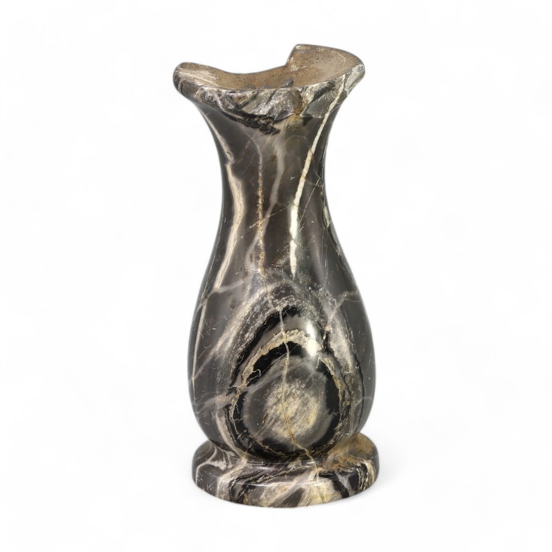 RENAISSANCE ERA: Marble Decorative Vase, Circa 15th-17th Century CE (547g, 14x6cm): This elegant Renaissance-era marble vase showcases a smooth, flowing design with natural veining that enhances its timeless aesthetic. The flared rim and rounded base reflect the artistic sensibilitie