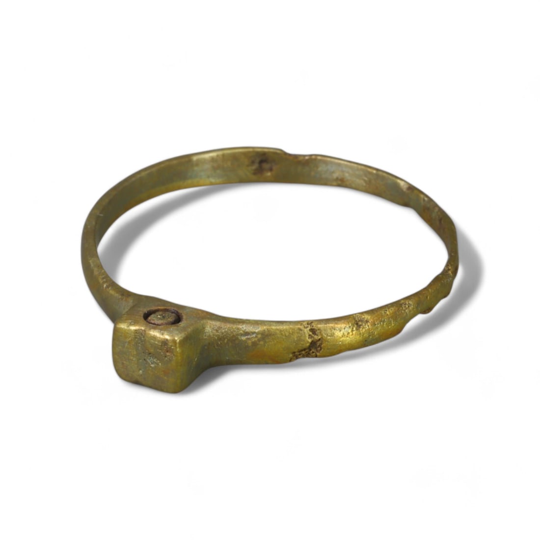 BYZANTINE ERA: Bronze "Square Bezel Accent" Ring, 6th-8th Century CE (Size 9 US, 1g): This slender Byzantine-era ring is crafted in bronze, featuring a distinctive square bezel accent that adds a geometric and minimalist flair to its design. The lightweight construction and understated
