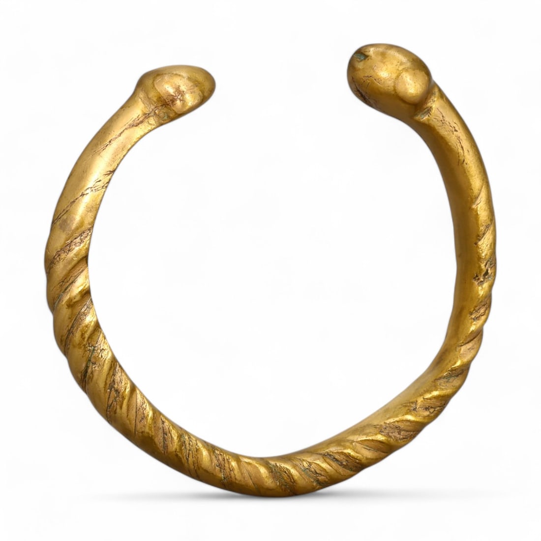 VIKING ERA: Gold-Gilt Twisted Torque Bracelet, Circa 9th-11th Century CE (89g, 8cm): This stunning Viking-era twisted torque bracelet is crafted from bronze with an elegant gold-gilt finish, showcasing the artistic and metallurgical prowess of Viking smiths. Weighing 89g and measuring