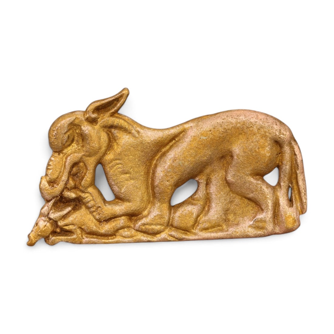 SIBERIAN: Gold-Gilt Belt Buckle with Animal Combat Motif, 18th-19th Century CE (39g, 6x3.5cm): This intricately crafted Siberian gold-gilt belt buckle depicts a dynamic scene of an animal in combat or predatory action, embodying strength and survival themes. Weighing 39g and measuring 6x3.5 cm,