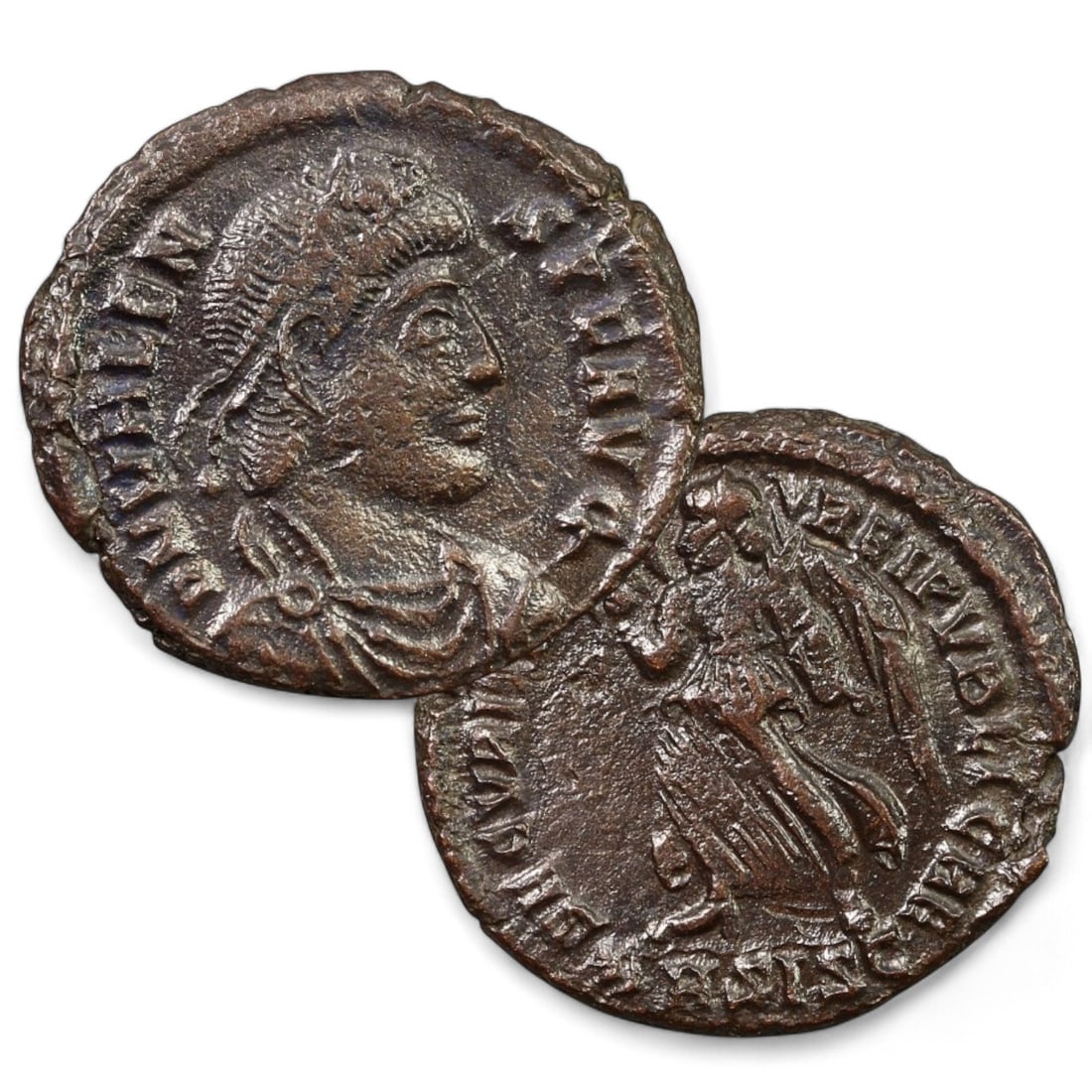 ROMAN EMPIRE: AE Follis Coin of Valentinian I, 364-375 CE (2g, 20mm): This bronze follis of Emperor Valentinian I (r. 364-375 CE) represents a period of revitalization and defense for the Roman Empire. The obverse showcases a right-facing, cuirassed bust of Valentinian 