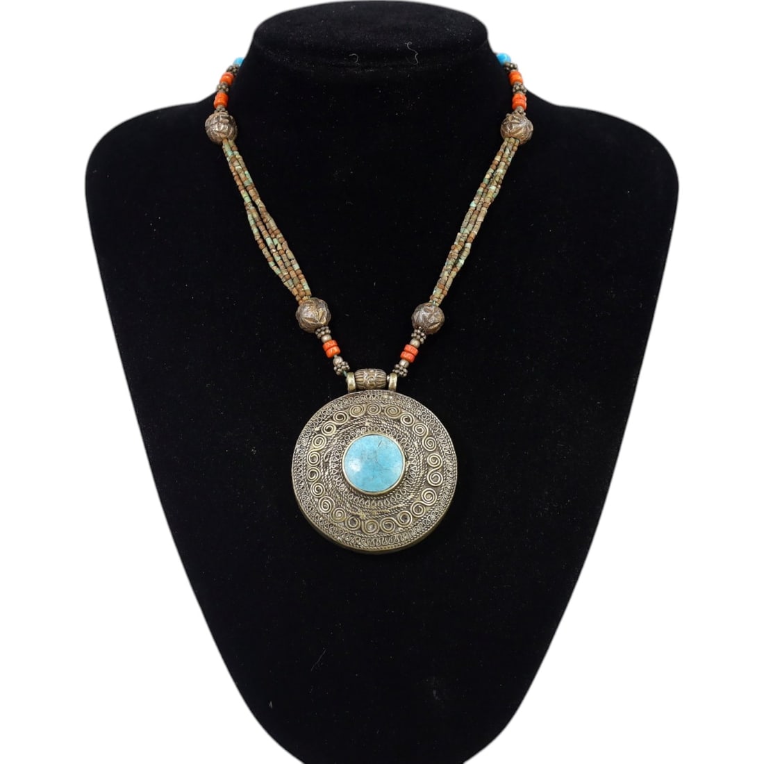 TIBETAN: Silver Circular Filigree Turquoise-Inlaid Amulet Necklace, 19th-20th Century CE (76g, 38cm) (1 of 1)