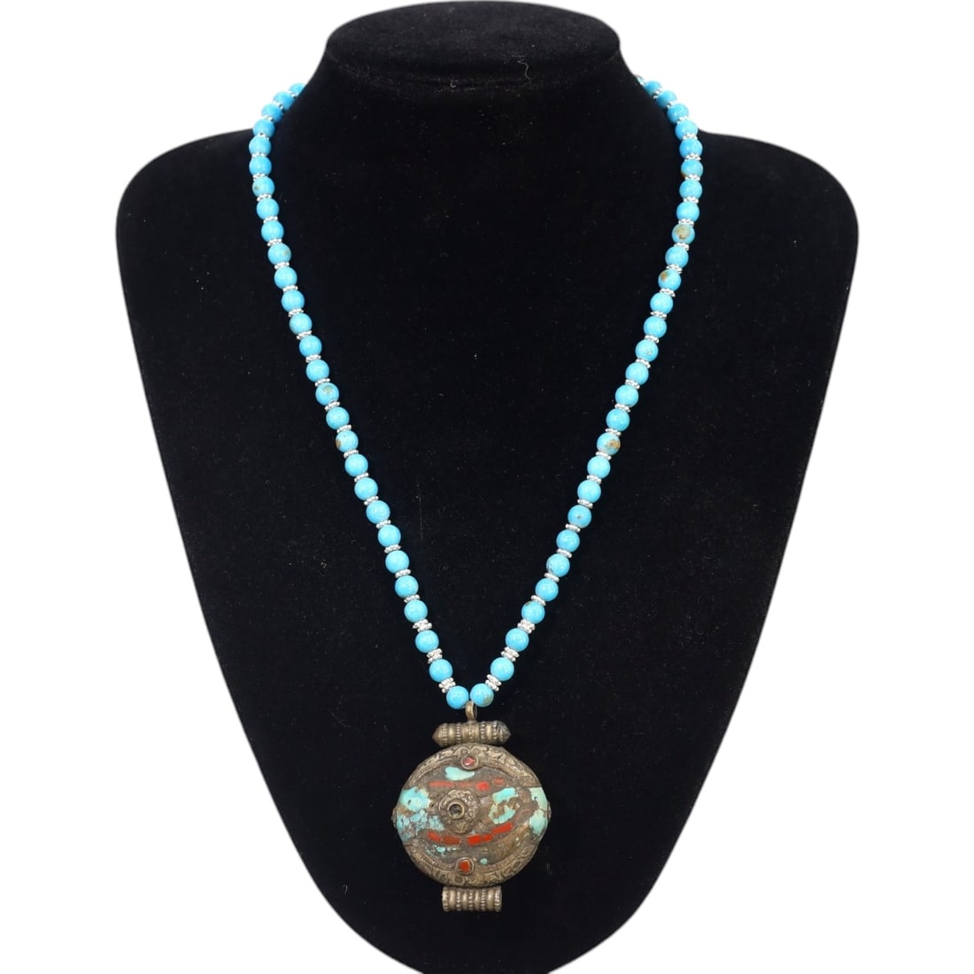 TIBETAN: Silver and Turquoise Coral-Inlaid Gau Amulet Pendant Necklace, 19th-20th Century CE (65g, (1 of 1)