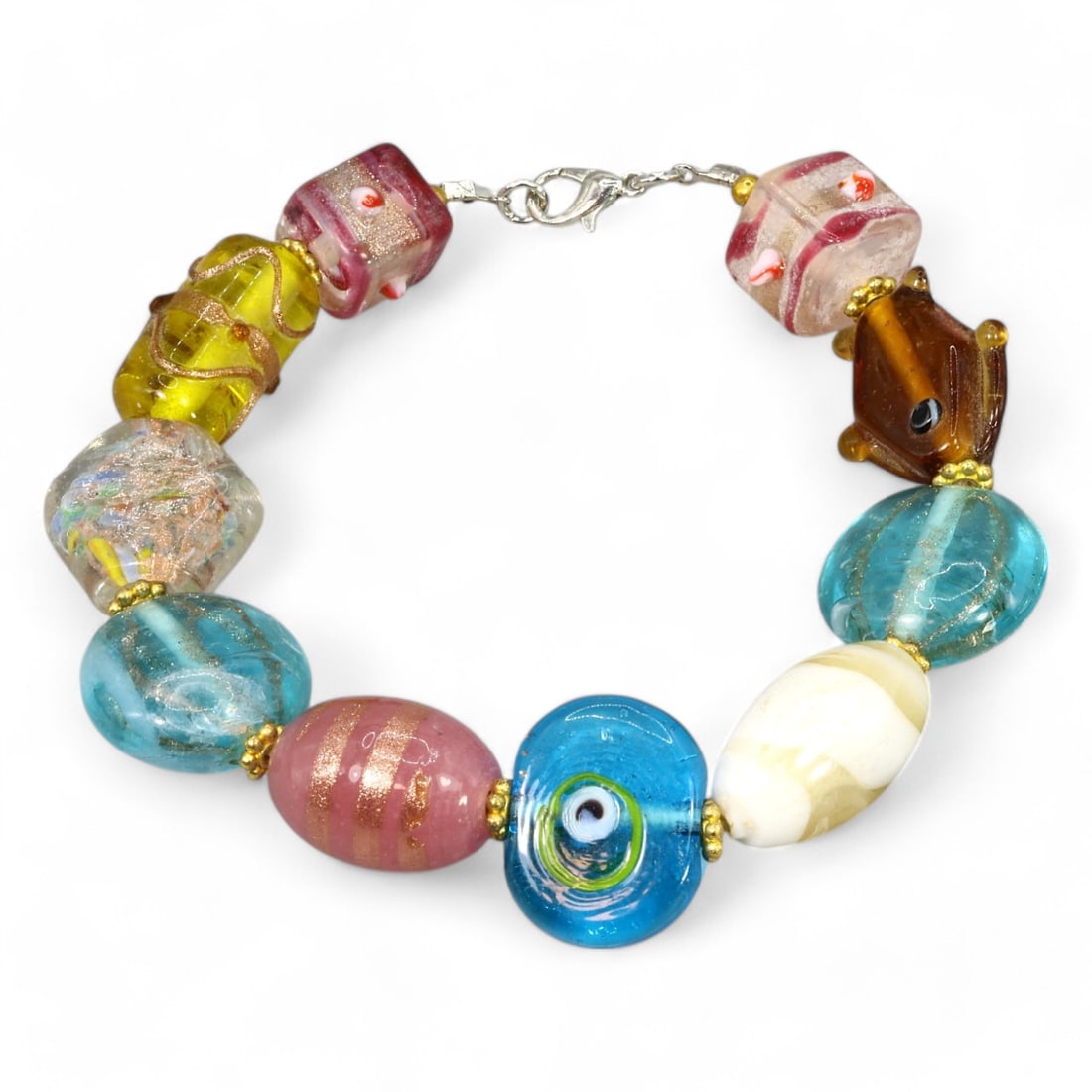 VENETIAN: Murano Glass Bead Bracelet with Multicolored Millefiori Designs, Mid-20th Century CE (51g, (1 of 1)