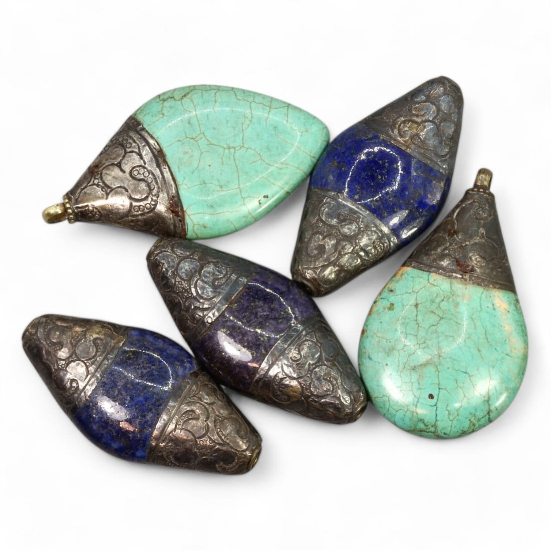 ISLAMIC ERA: Silver-Mounted Lapis Lazuli and Turquoise Teardrop Pendants, 12th-14th CE (79g, 5x3cm) (1 of 1)