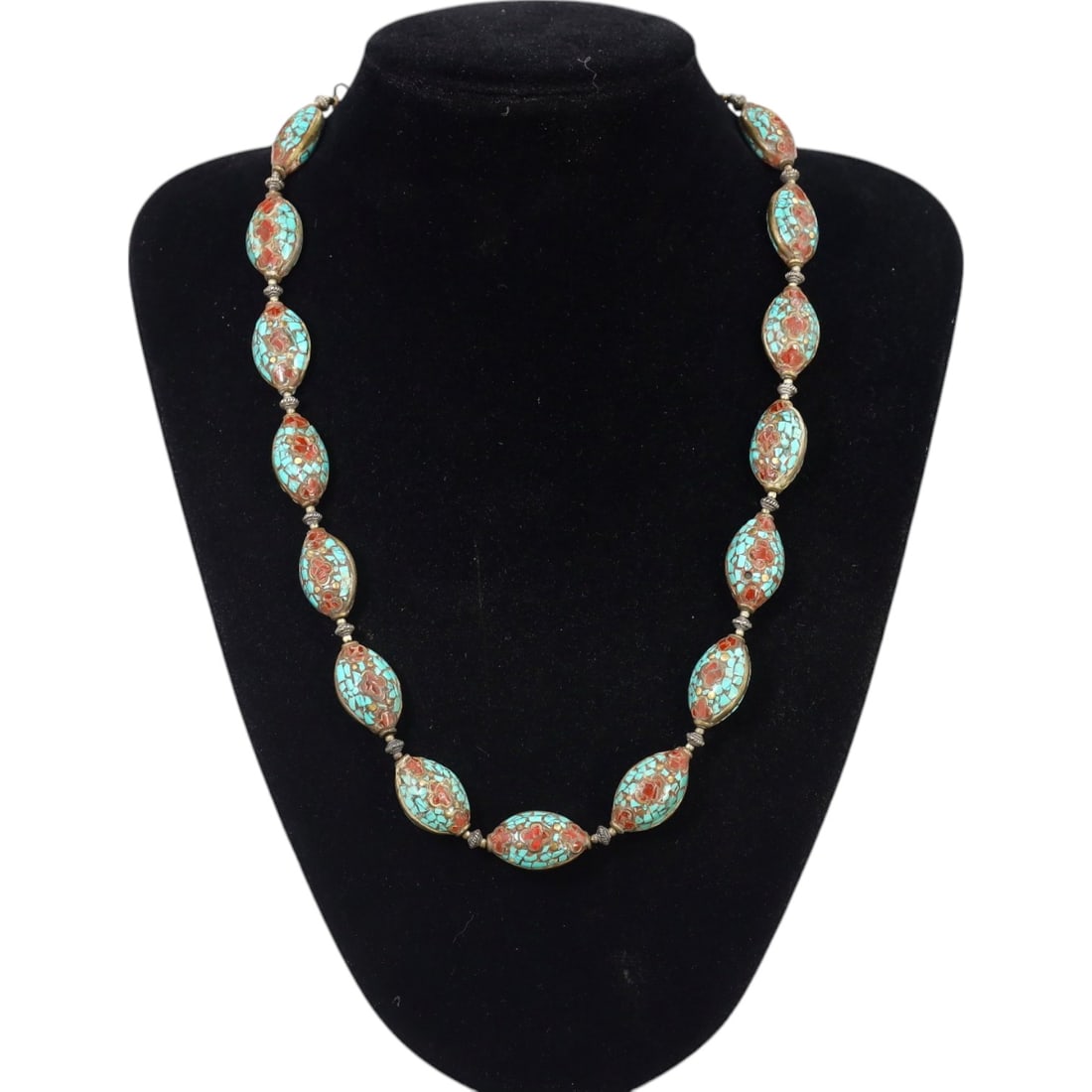 TIBETAN: Silver-Inlaid Turquoise and Coral Bead Necklace, 19th-20th Century CE (85g, 52cm) (1 of 1)