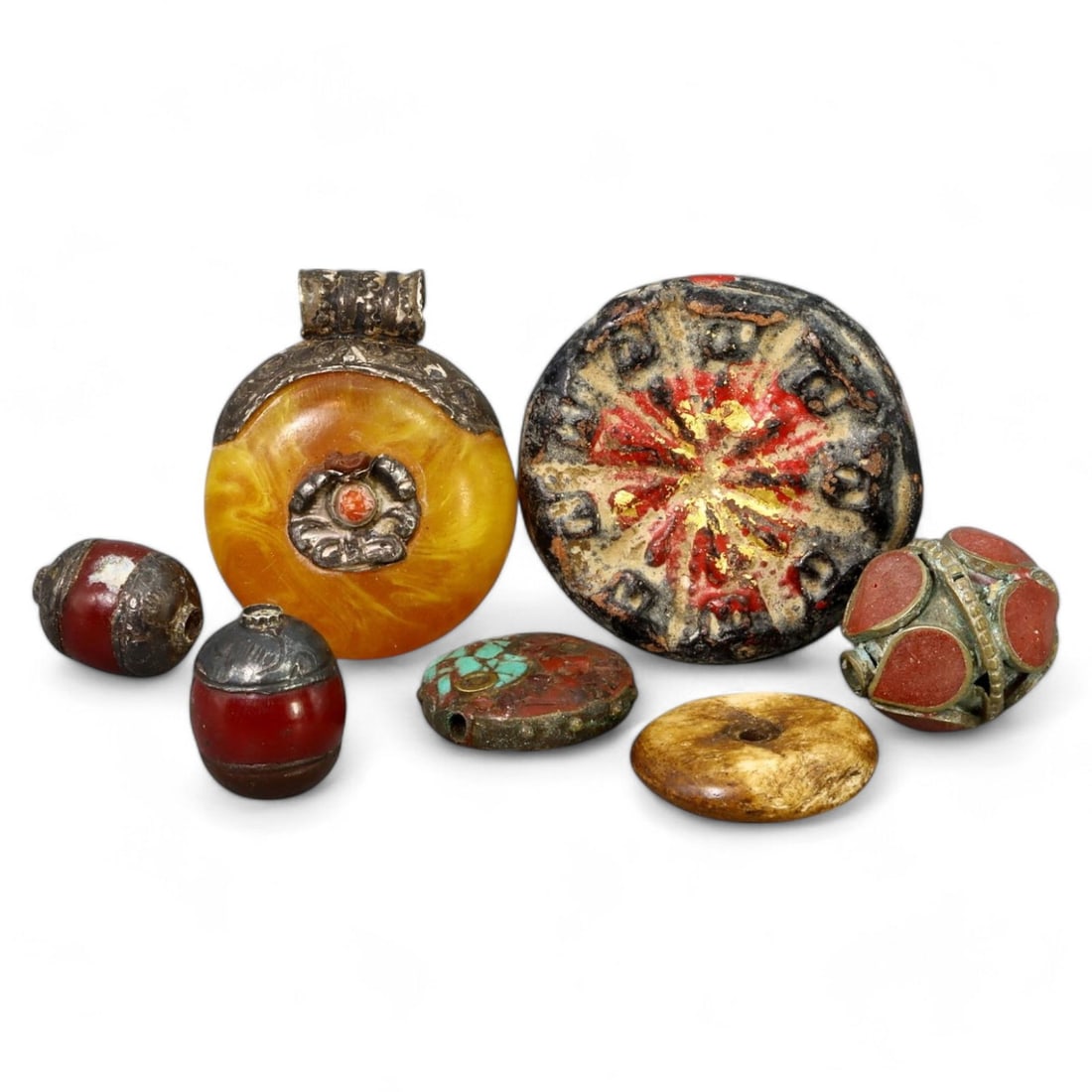 TIBETAN BEADS AND AMULETS: Mixed Materials, Circa 19th - 20th Century (1.4 - 3.2cm, 30g Total, 7pcs) (1 of 1)