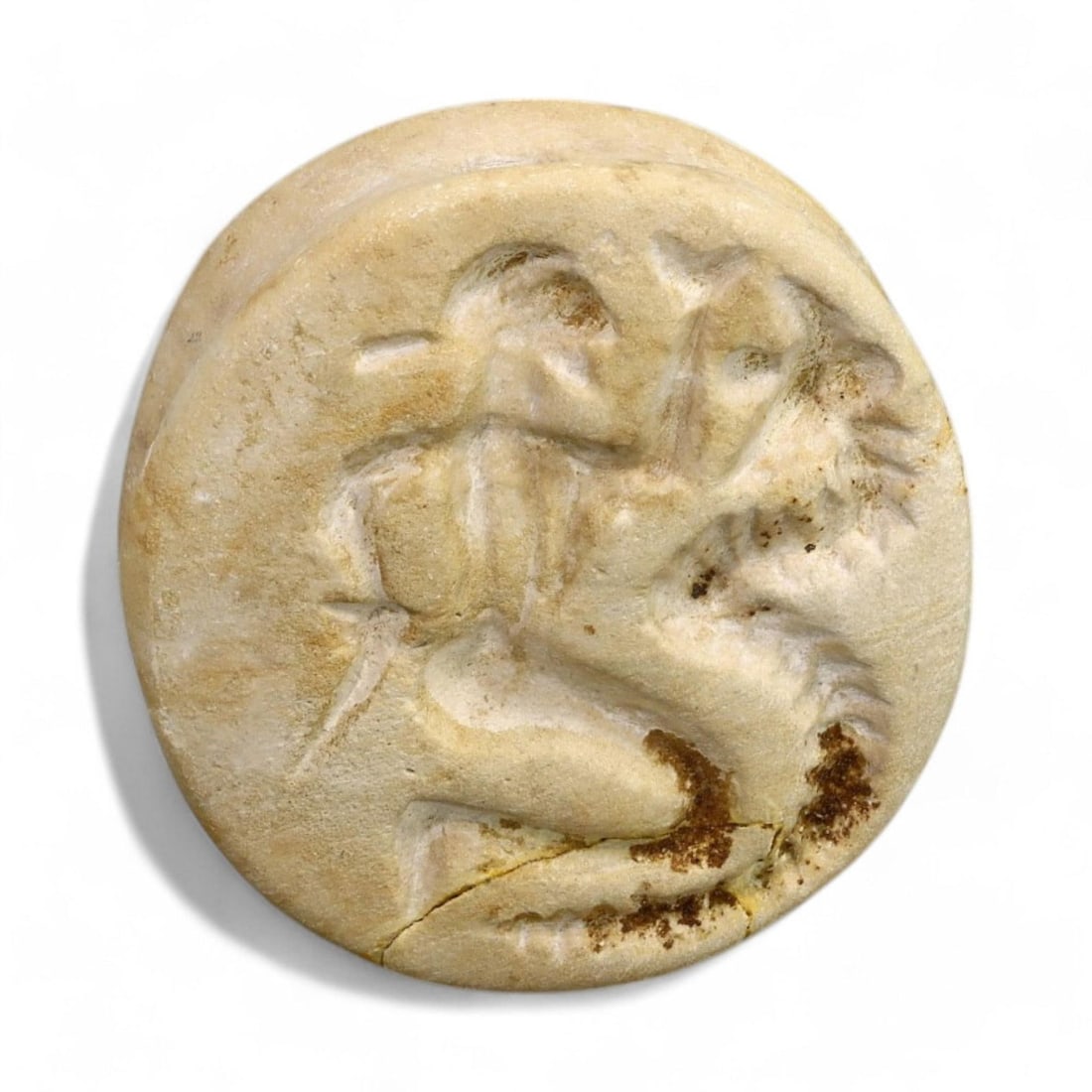 MESOPOTAMIAN LIMESTONE STAMP SEAL: Double-Convex Form, 3rd-2nd Millennium BCE (4.2cm x 1.6cm, 49g): This Mesopotamian double-convex limestone stamp seal dates to the 3rd - 2nd millennium BCE, showcasing intricate craftsmanship from the ancient Near East. The seal face depicts a human figure in a dyn
