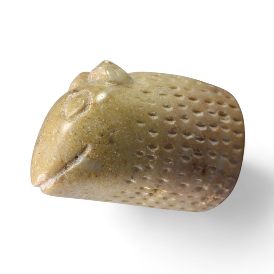 MEDIEVAL PERSIAN: Nishapur Stone Zoomorphic Weight, 10th-12th Century (48g, 4.5 x 2.5cm): This fascinating zoomorphic weight from medieval Nishapur is carved from smooth stone, depicting an abstract animal form with textured patterns resembling scales or fur. The carefully shaped contours,