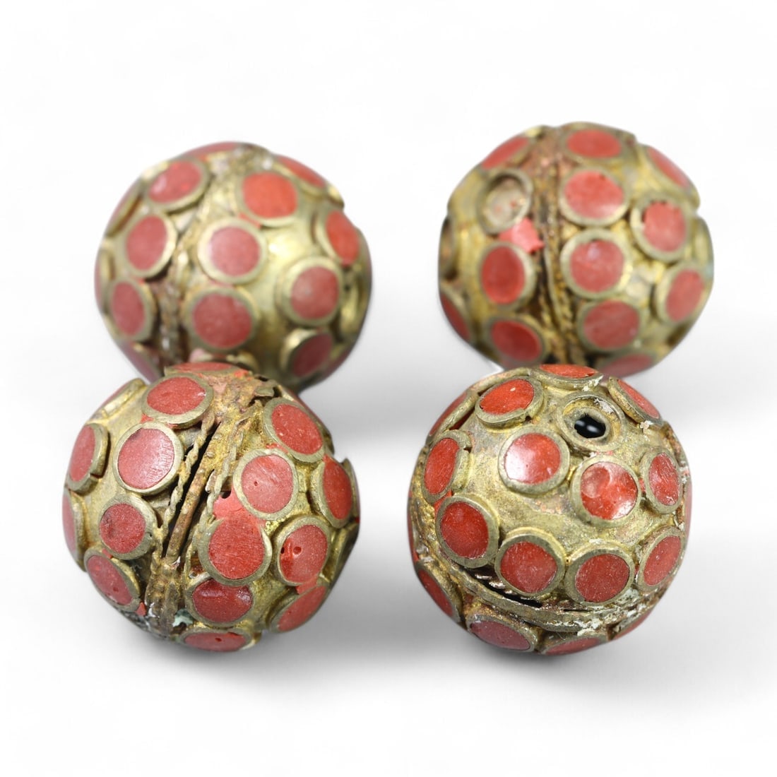 ORNATE INLAID BEADS: North African, Late 19th-Early 20th Century (36g, 26mm, 4 Pieces) (1 of 1)