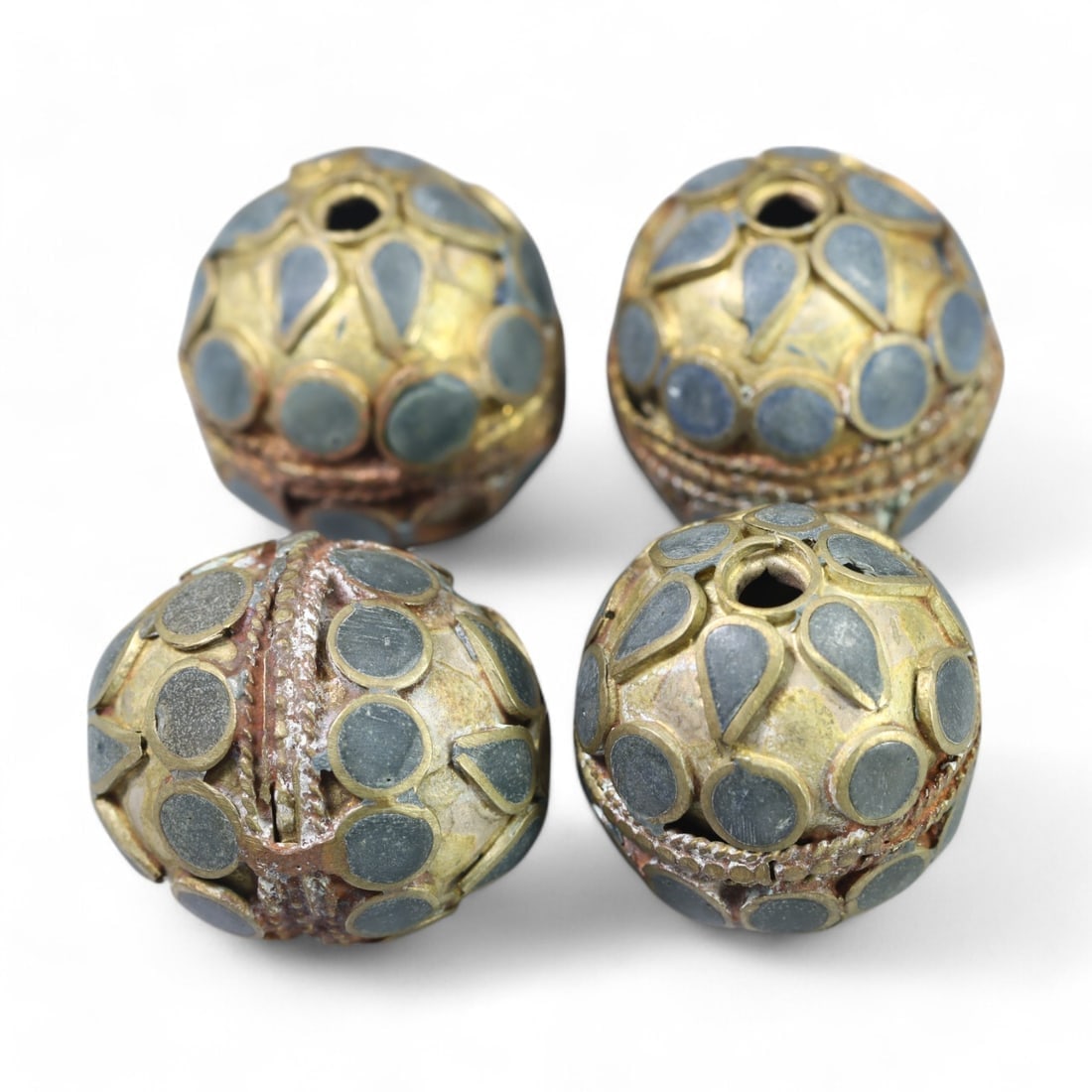 ORNATE INLAID BEADS: North African, Late 19th-Early 20th Century (40g, 28x26mm, 4 Pieces) (1 of 1)