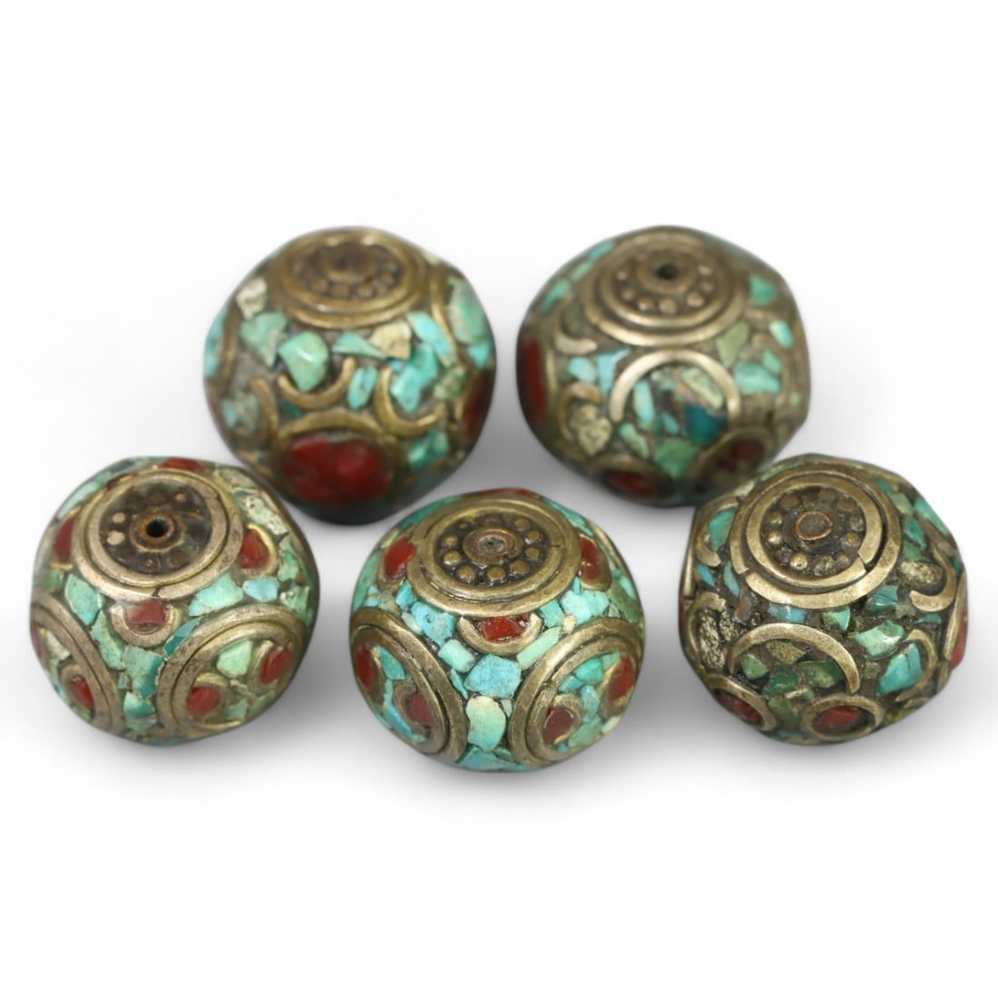 ANTIQUE TIBETAN: Turquoise and Coral Inlaid Beads, Circa 19th Century (16-18mm, 5 Pieces): These striking antique Tibetan beads feature intricate inlays of turquoise and coral, set against ornate brass bases. Each bead measures 16-18mm and showcases the vibrant artistry and symbolic designs