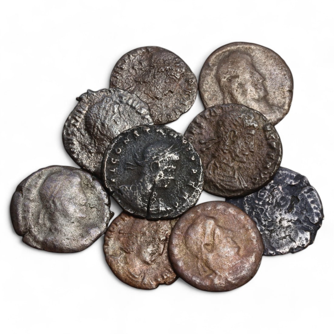 ROMAN EMPIRE: Lot of 9 AE Coins, Late Imperial Period, 15g, 14-18mm: This collection includes nine bronze coins from the late Roman Empire, the obverses feature various portraits of Roman emperors and notable figures, emphasizing the diversity of imperial iconography d