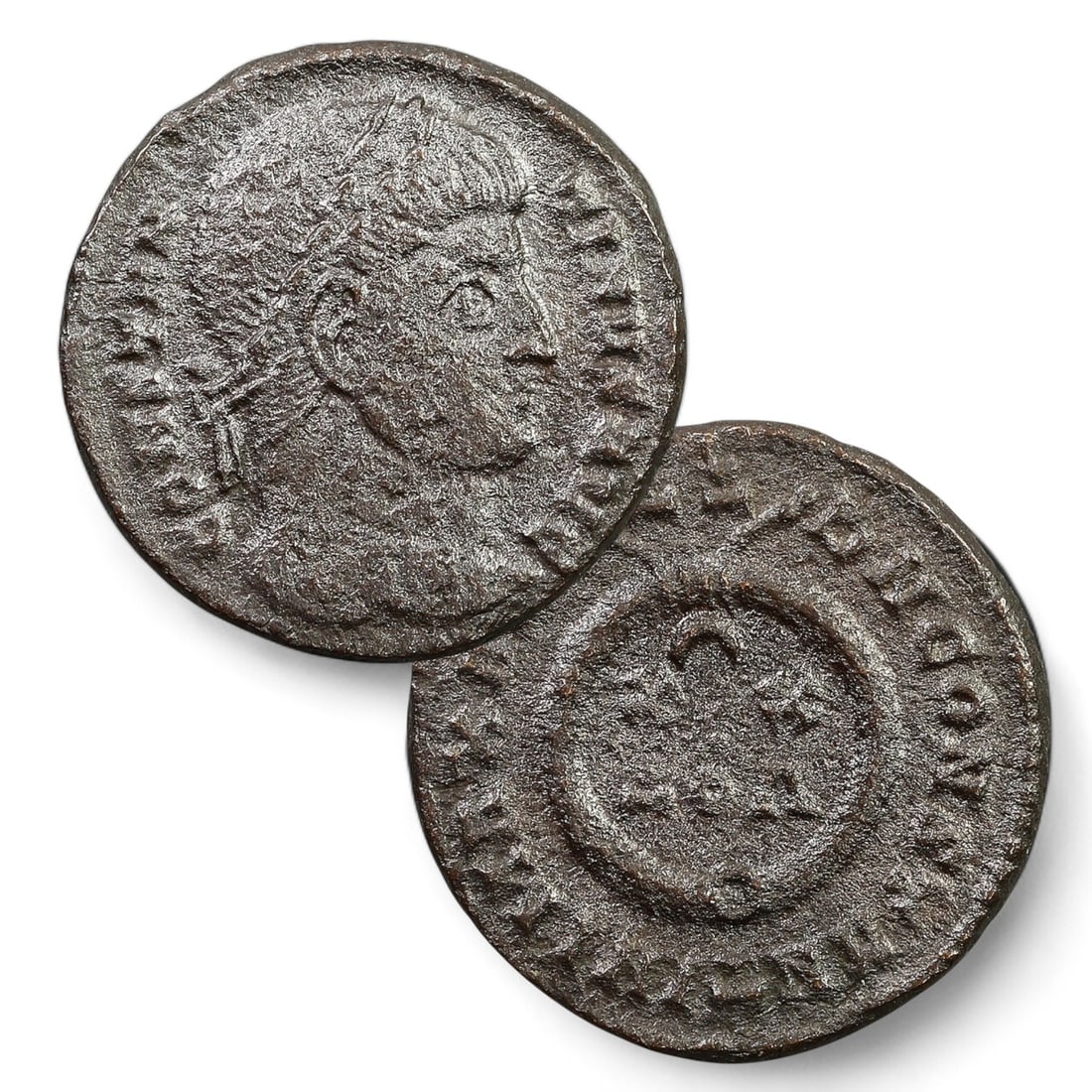 ROMAN EMPIRE: Bronze AE3 Coin of Constantius II, 4th Century CE (3g, 18mm): This bronze AE3 coin, weighing 3 grams and measuring 18mm, was minted during the reign of Constantius II (337 - 361 CE). The obverse features a diademed bust of Constantius II facing right, portraying