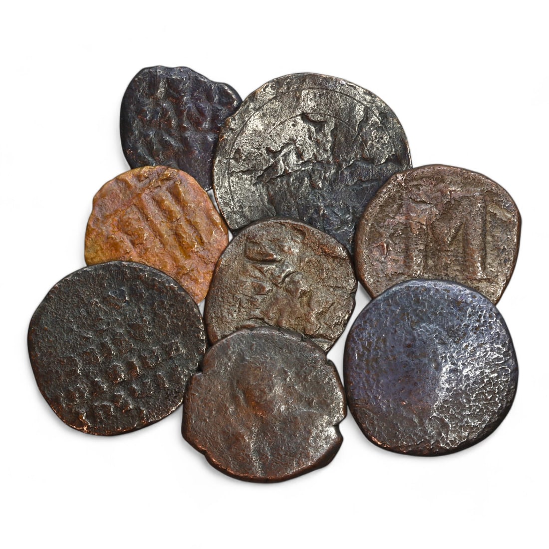 BYZANTINE EMPIRE: Lot of 8 Bronze Coins, 9th-12th Century CE (68g Total, 27-36mm): This lot includes 8 bronze coins from the Byzantine Empire, with a combined weight of 68 grams and diameters ranging from 27mm to 36mm. The coins exhibit a variety of designs, such as imperial busts, 