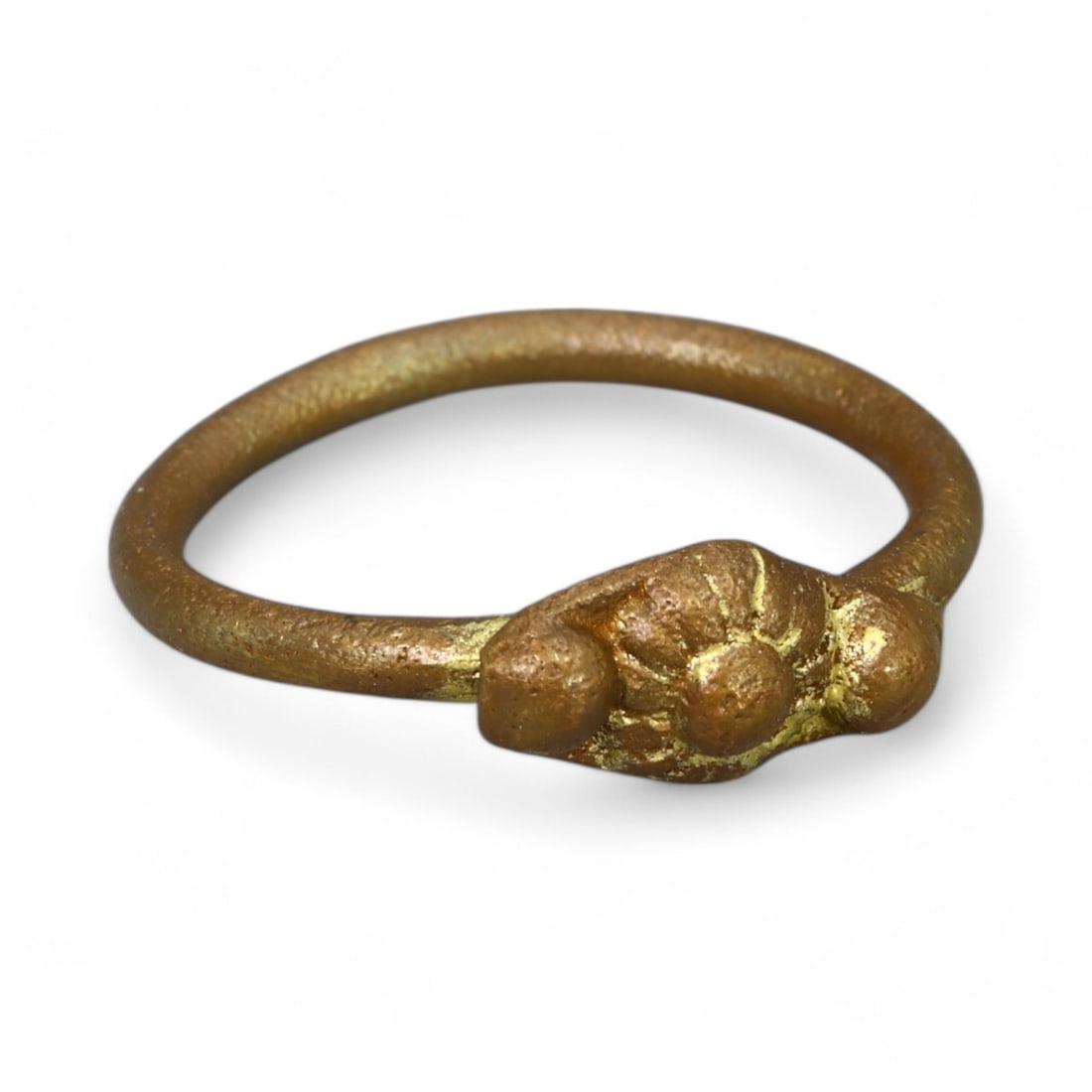 BYZANTINE ERA: Bronze "Triad Motif" Ring, 6th-9th Century CE (Size 2 US, 1.2g): This delicate Byzantine-era bronze ring features an ornate bezel adorned with a triad of raised spherical motifs, possibly symbolizing the Holy Trinity or other religious or cultural significance. Its