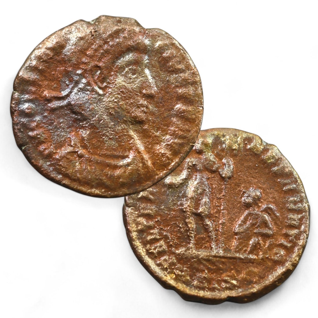 ROMAN EMPIRE: AE3 Bronze Coin of the Constantinian Dynasty (2.13g, 18mm): This bronze AE3 coin from the Constantinian dynasty features a detailed bust of an emperor, likely Constantine I or one of his successors, on the obverse, symbolizing imperial authority and divine fav