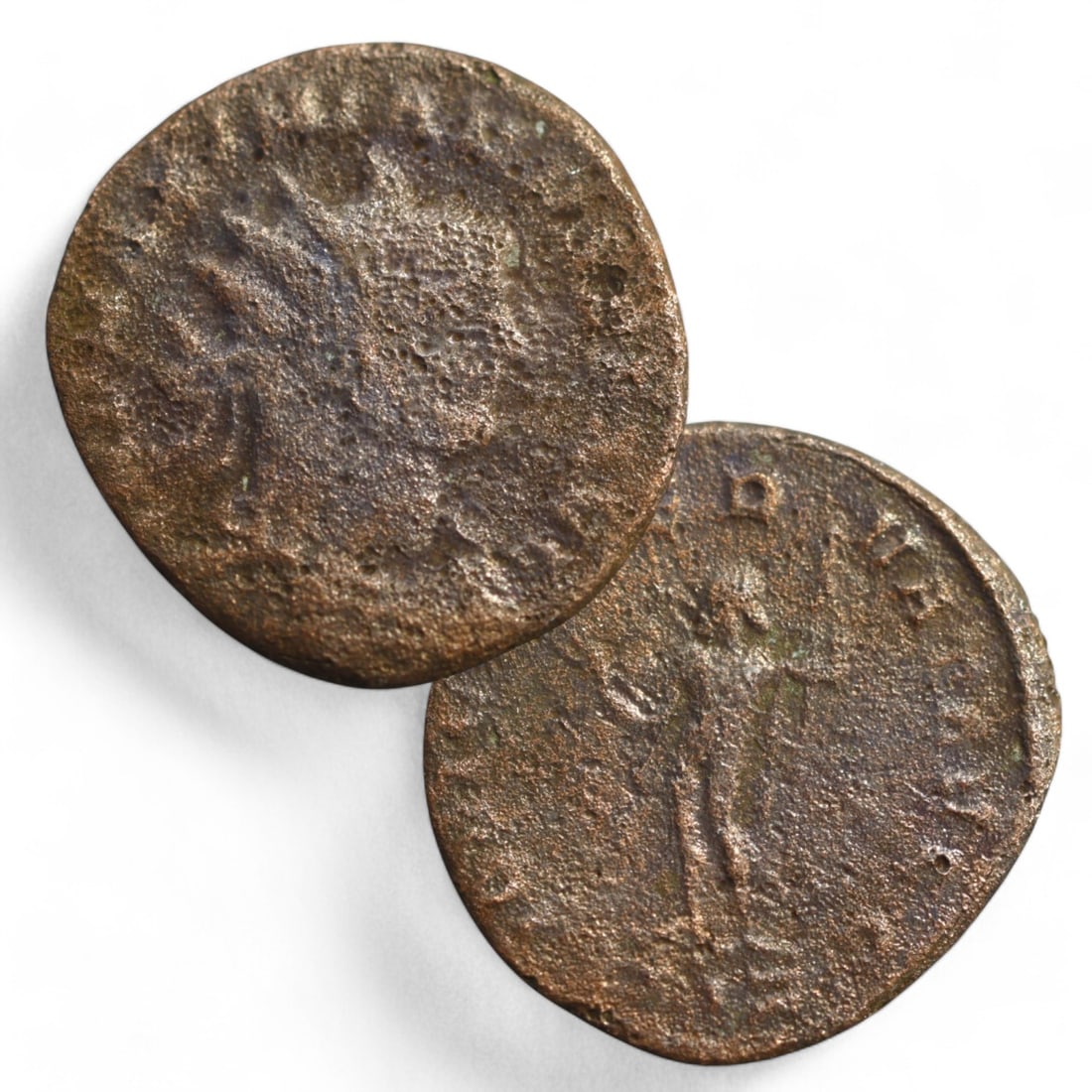 ROMAN EMPIRE: AE Antoninianus of Maximus (2.7g, 21mm): This bronze antoninianus features the radiate bust of Maximus on the obverse, a hallmark of imperial divinity and authority associated with the solar deity Sol. The reverse depicts a standing figure,