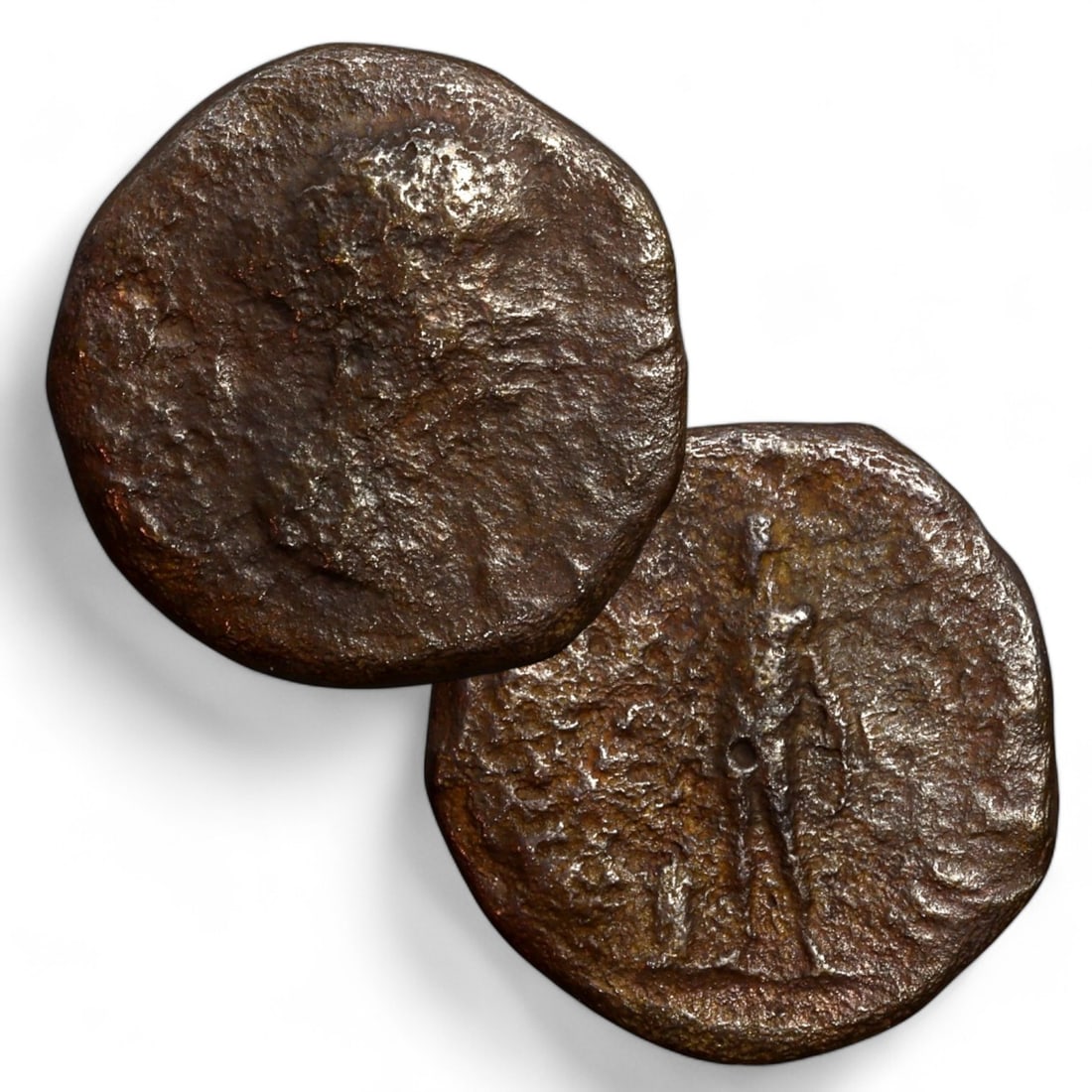 ROMAN IMPERIAL: AE Bronze Coin of an Empress (7g, 24mm): This bronze coin features the portrait of a Roman empress on the obverse, signifying her importance and influence within the imperial family. The empress is likely depicted with a diadem or coiffured