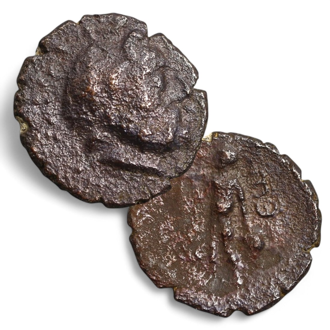 ROMAN PROVINCIAL: AE16 Bronze Coin (3g, 16mm): This small bronze coin features a worn obverse that likely depicts the bust of a Roman emperor or local authority. The reverse shows a faint but discernible standing figure, possibly a deity or person
