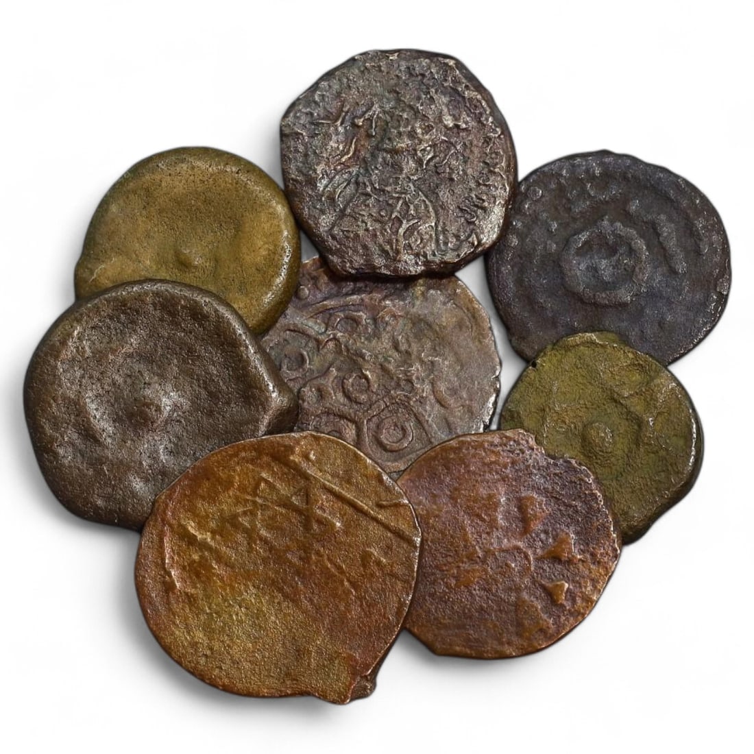 GOLDEN HORDE: Lot of 8 Bronze Fulus, 14th-15th Century AD (25g, 17-23mm): This lot comprises 8 bronze fulus coins from the Golden Horde, a Mongol khanate established in the 13th century and lasting into the 15th century AD. The coins range in size from 17mm to 23mm and have
