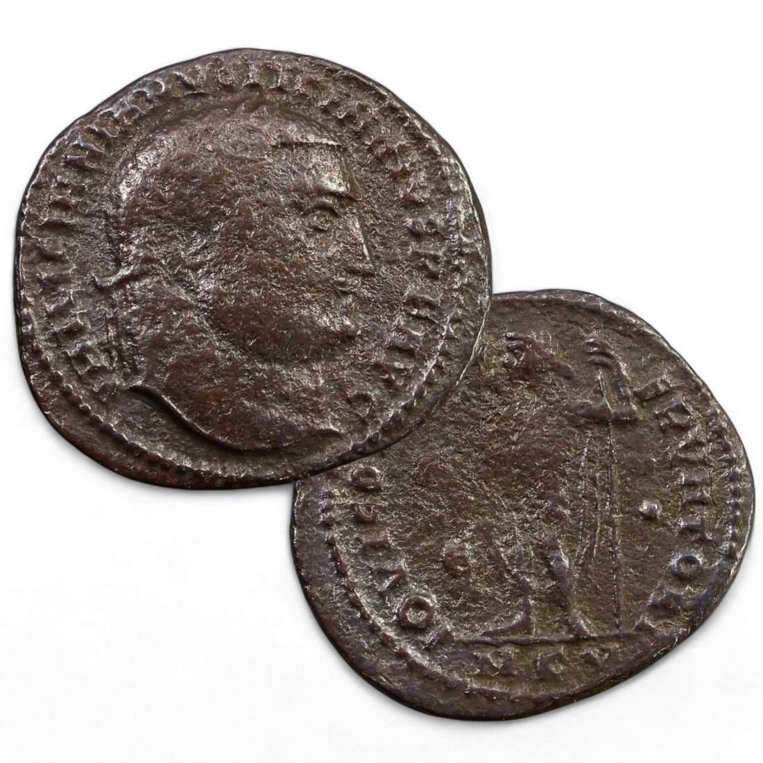 ROMAN EMPIRE: AE Follis Coin of Maximinus II, 310-313 CE (3g, 22mm): This bronze follis from the reign of Maximinus II (r. 310-313 CE) encapsulates the dynamic and tumultuous final years of the Tetrarchy. The obverse features a right-facing bust of Maximinus II, adorne
