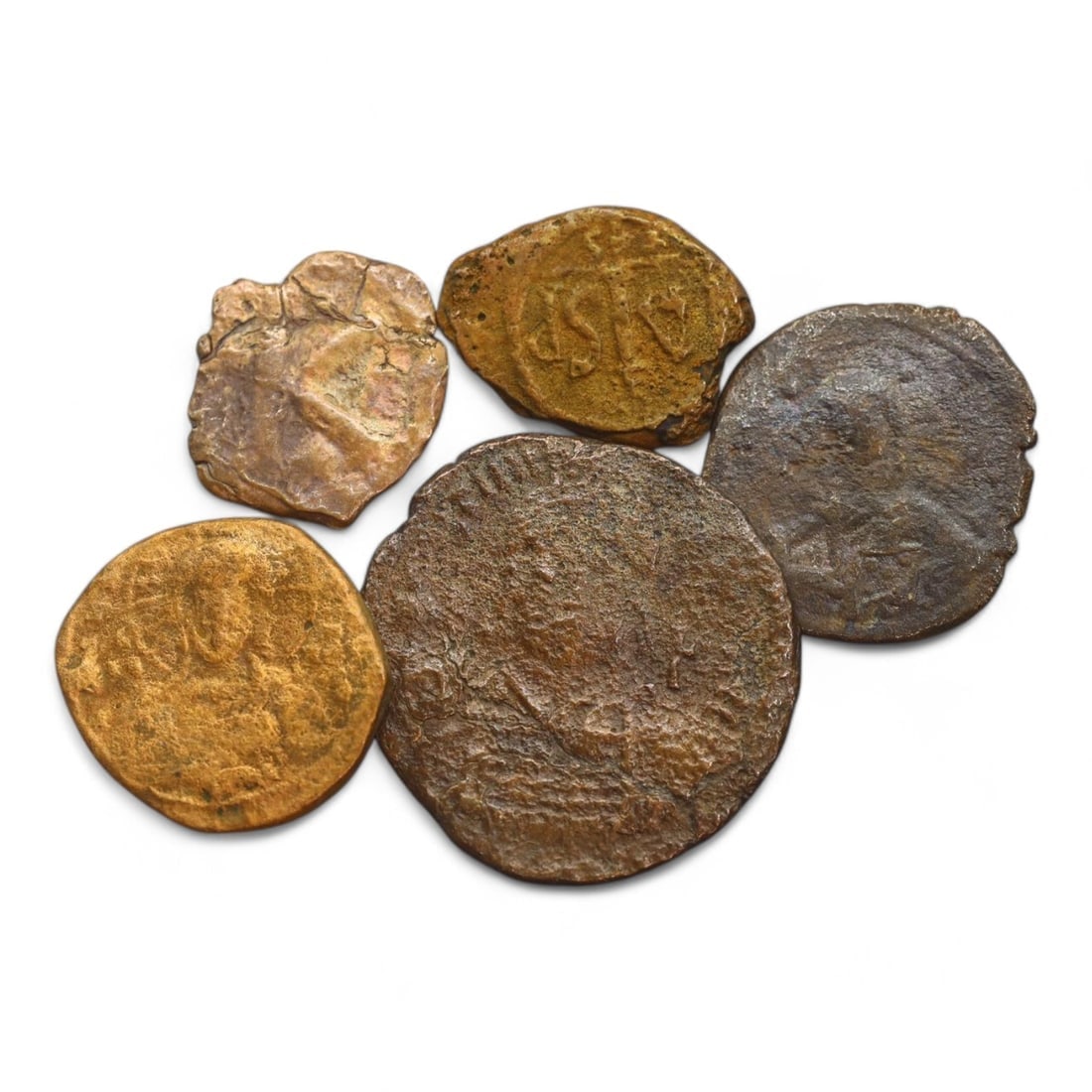 BYZANTINE EMPIRE: Lot of 5 Bronze and Copper Coinage, Circa 6th-11th Century CE (45g, 21-37mm): This collection of Byzantine coins, showcases the rich variety of bronze and copper coinage from the Byzantine Empire. Featuring imperial busts, Christian iconography, and legible inscriptions, these 