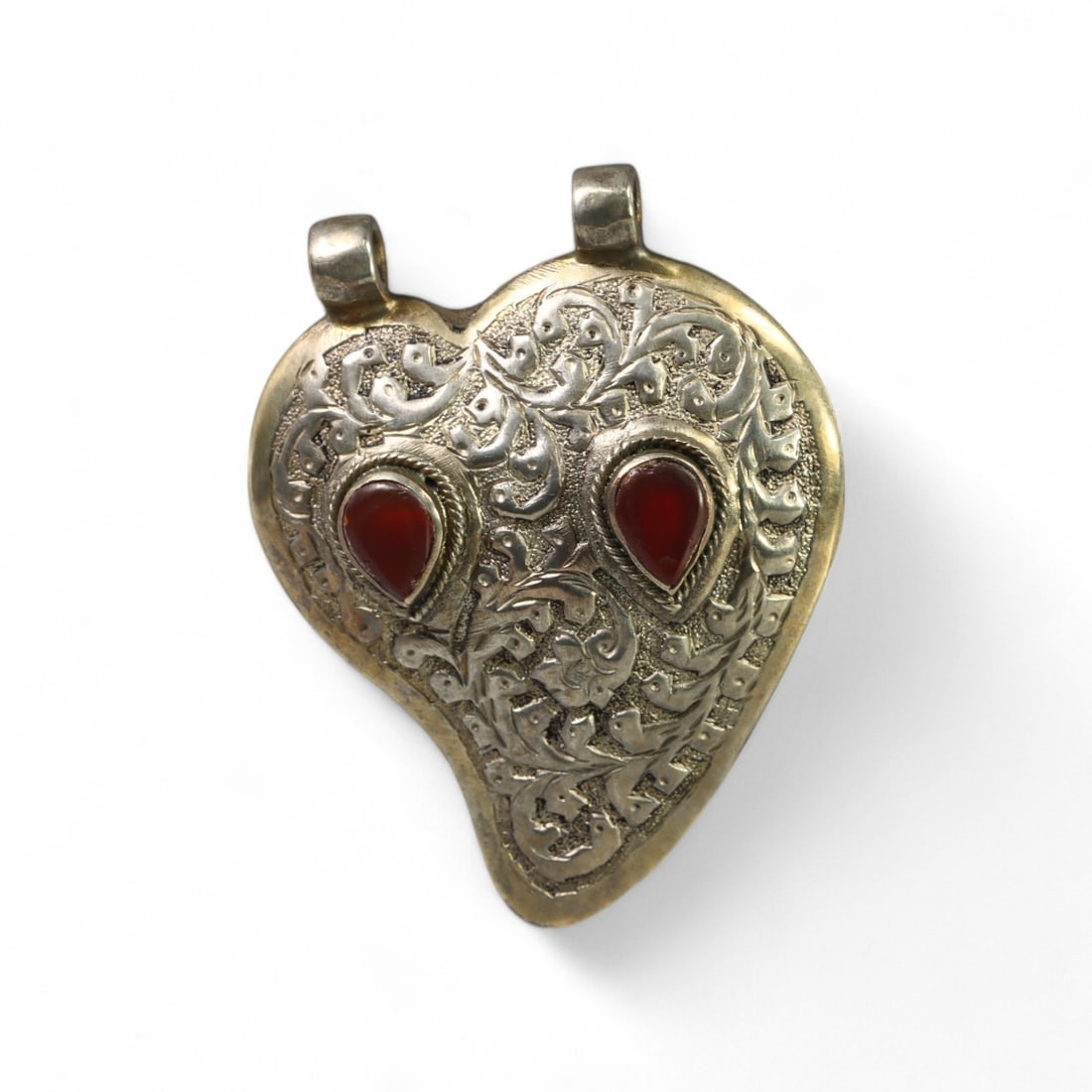 HIMALAYAN: Silver "Twin Carnelian Heart" Pendant, 20th Century (38g, 6x5cm) (1 of 2)