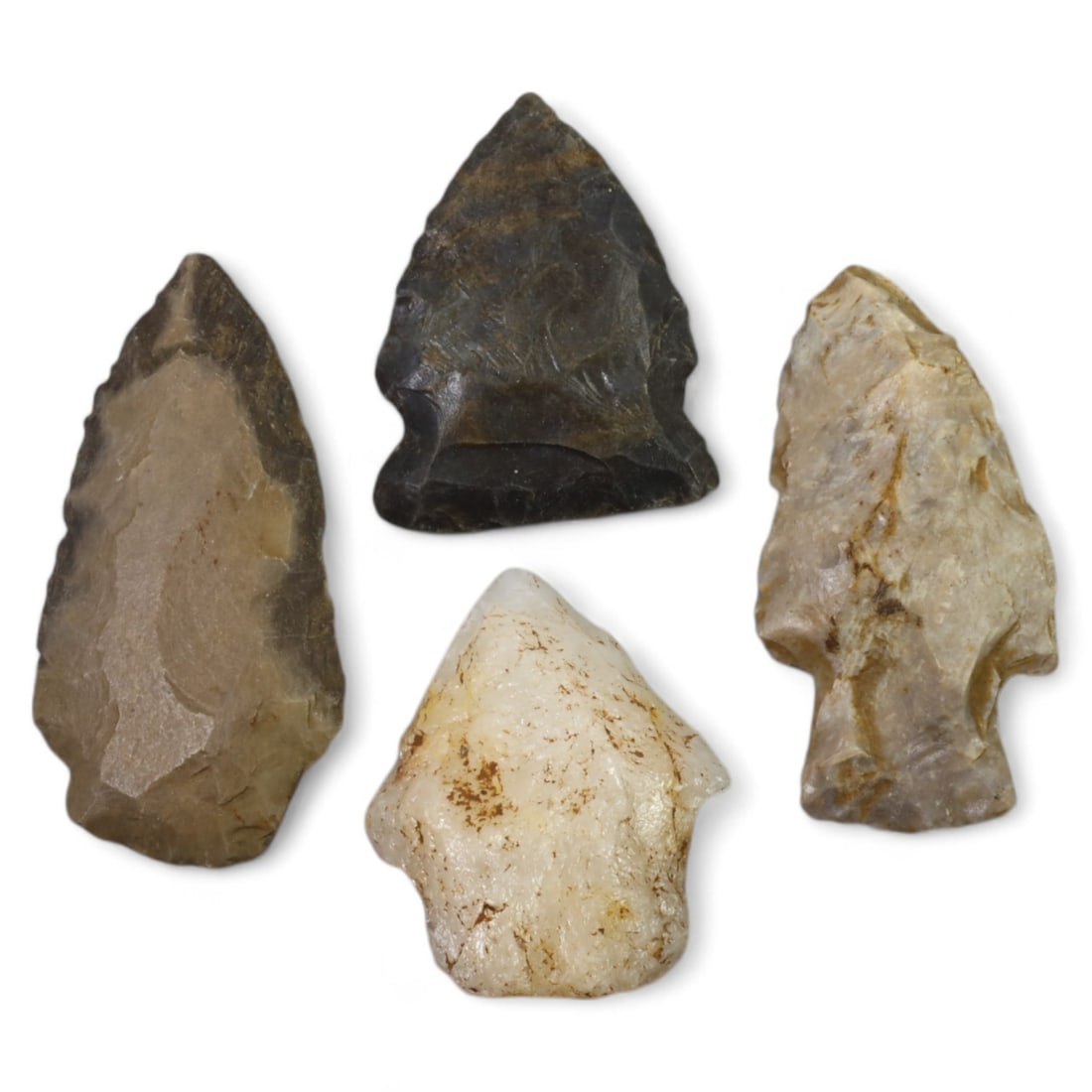 NATIVE AMERICAN: Quartz and Chert Arrowheads, Eastern Woodlands (45g, Avg. 4cm, 4pcs) (1 of 1)