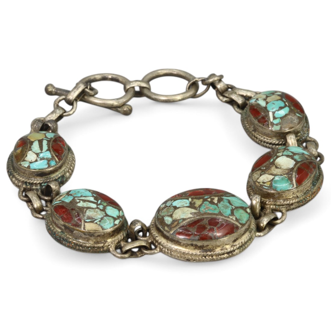 HANDCRAFTED BEADED BRACELET: Multi-Stone Inlay with Turquoise and Coral, Silver-Tone Links (50g, (1 of 1)