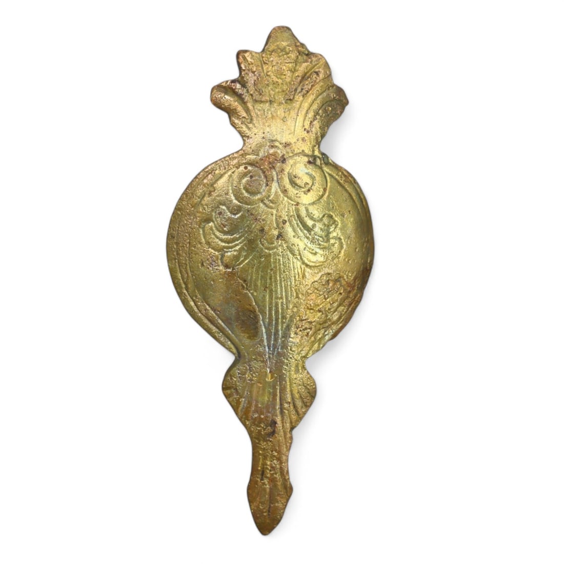 BRONZE DAGGER MOUNT: Ornate Cast Bronze Fitting, Europe (3.7g, 4cm): This elegant bronze dagger mount features an ornate, flowing design with intricate scrollwork and a leaf-like crest, emphasizing its decorative and functional role. The finely crafted details suggest