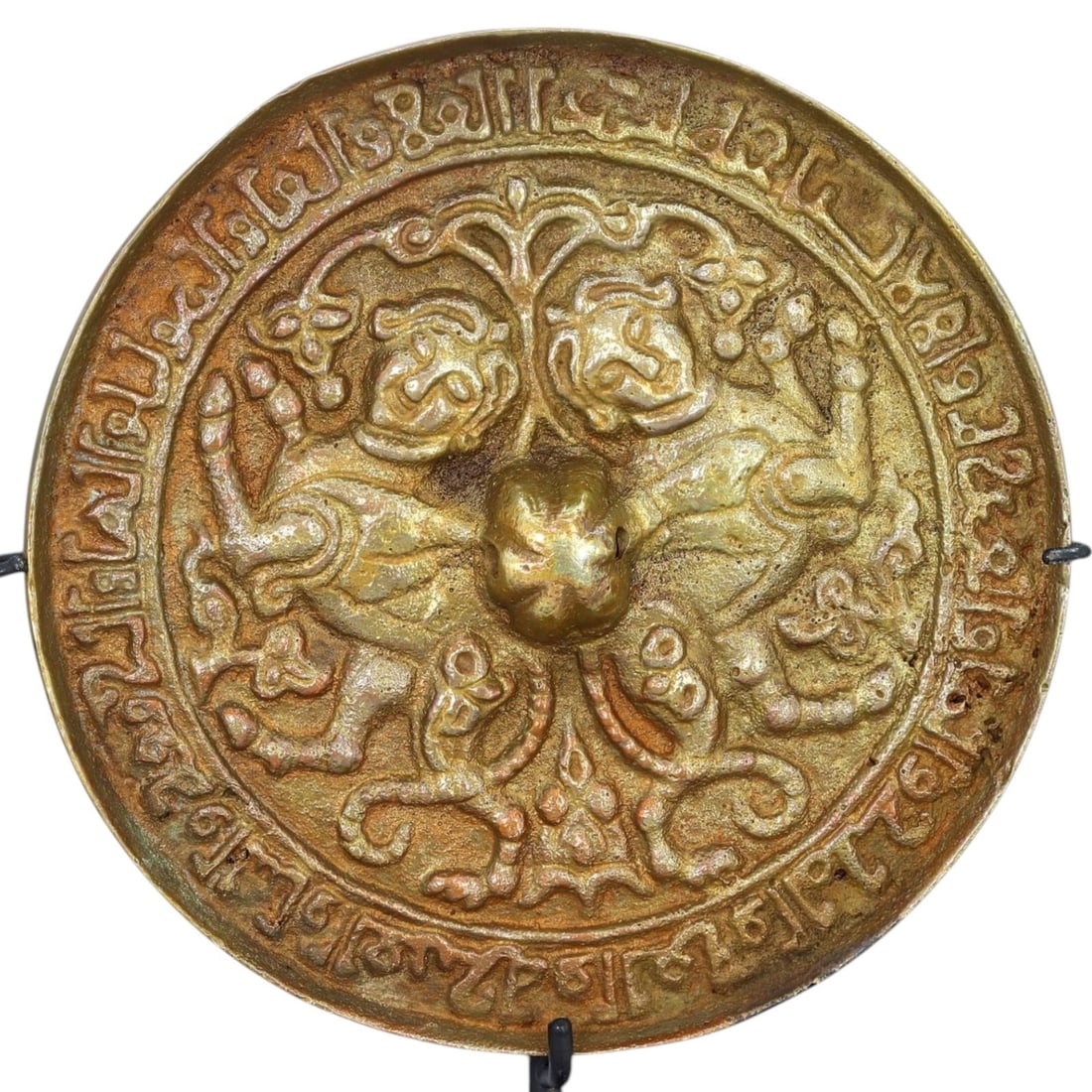 ISLAMIC ARTIFACT: Bronze Gilded Mirror with Twin Lion Motif, 12th-14th Century CE (316g, 10cm) (1 of 3)