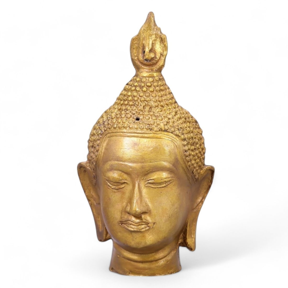 Antique: Gold-Gilt Bronze Buddha Head with Flame Ushnisha (187g, 6x12cm) (1 of 3)