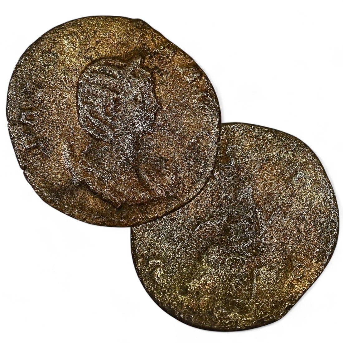 ROMAN EMPIRE: Bronze Antoninianus of an Empress, 3rd Century AD (2g, 21x20mm): This is a bronze antoninianus likely depicting a Roman empress from the 3rd century AD, weighing 2 grams and measuring 21x20 mm. The obverse features a diademed bust of the empress, facing right, drap