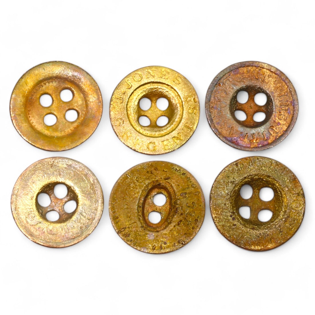 LOT OF ANTIQUE BRONZE BUTTONS: Circular Design with Four-Hole Pattern (7.5g, 1.2cm, 6 pieces) (1 of 2)