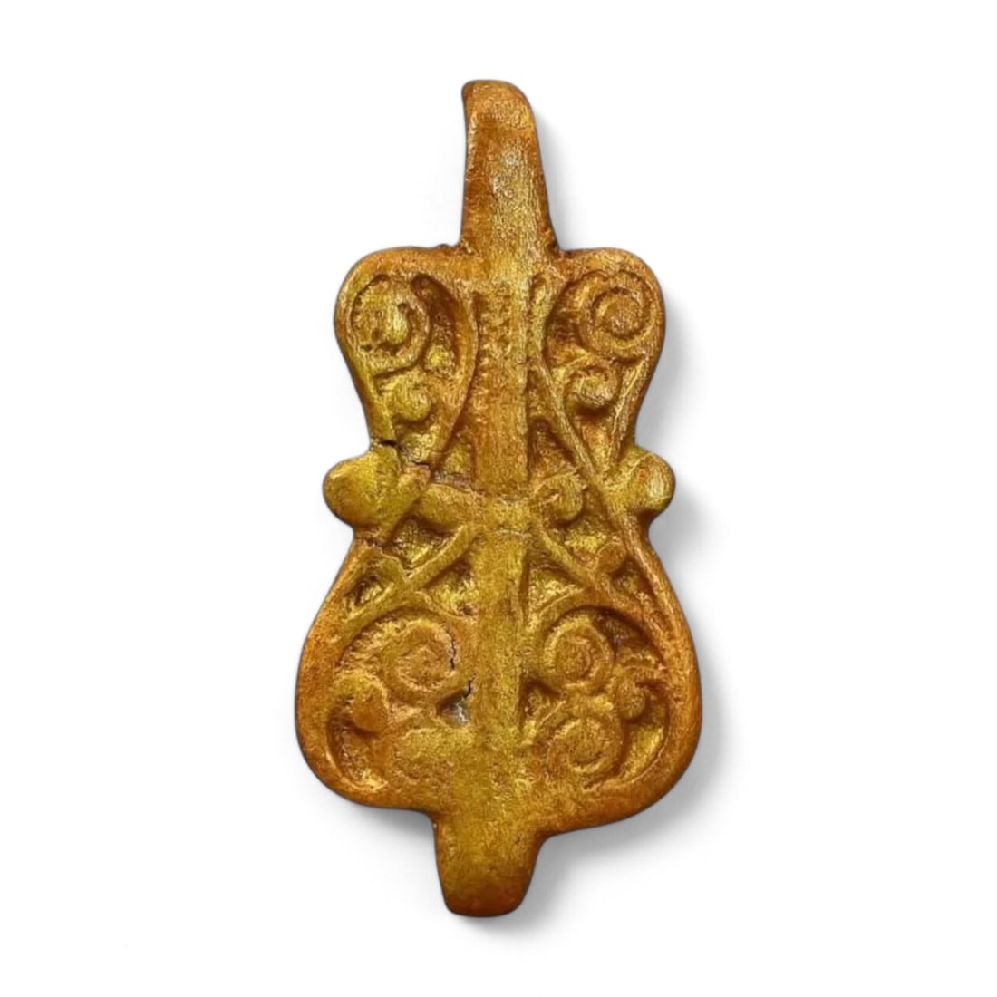 BYZANTINE ERA: Gilded Bronze Strap End with Floral Scrollwork Motif, 9th-12th Century CE (3g, 3cm) (1 of 2)