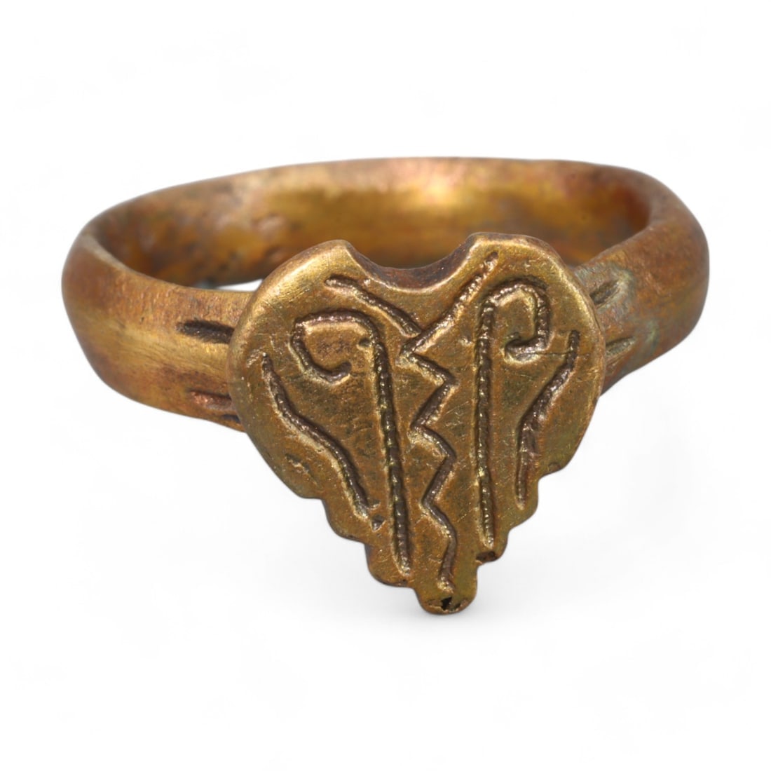 BYZANTINE ERA: Bronze "Heart-Shaped Engraved Motif" Ring, Circa 10th-12th Century CE (6 US, 4g) (1 of 3)