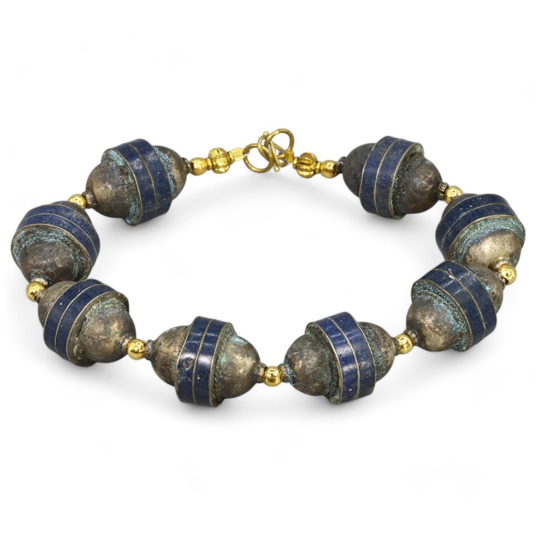 BEADED BRACELET: Metallic Beads with Blue Enamel Stripes and Gold-Tone Accents (11g, 23cm) (1 of 1)