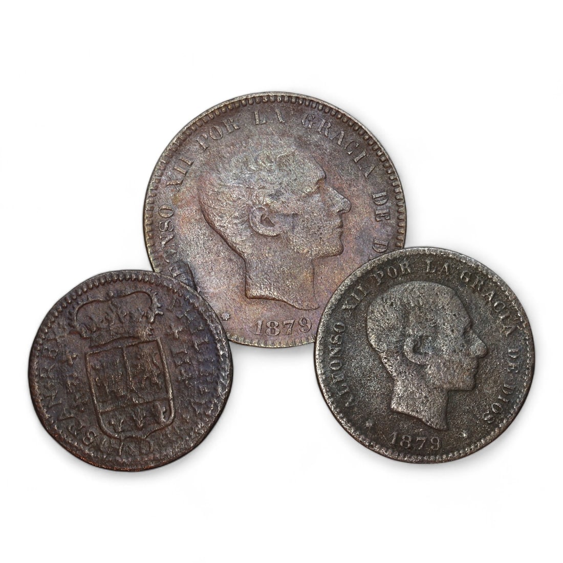 SPANISH COINS: Lot of 3 Copper Coins, Alfonso XII, 1879 (17g, 13-30mm) (1 of 2)