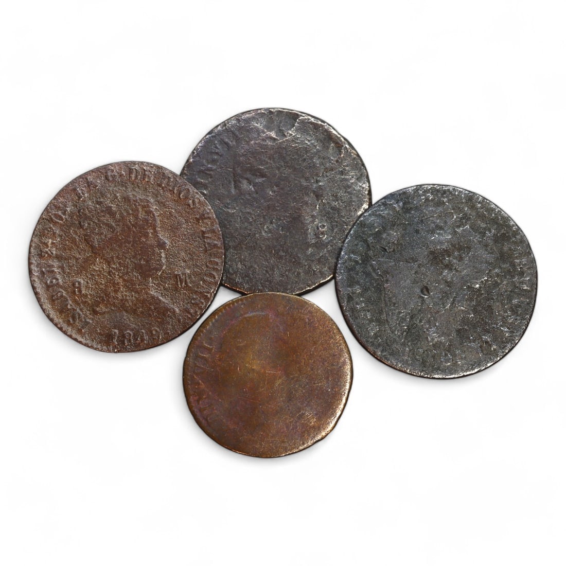 SPANISH COLONIAL COINS: Lot of 4 Copper Coins, 19th Century (30g, 24-29mm) (1 of 2)