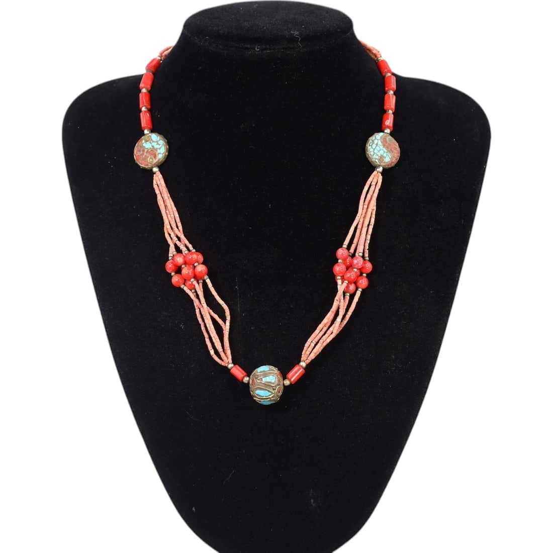 TIBETAN: Multi-Strand Coral and Turquoise Bead Necklace, 19th-20th Century CE (33g, 48cm) (1 of 1)