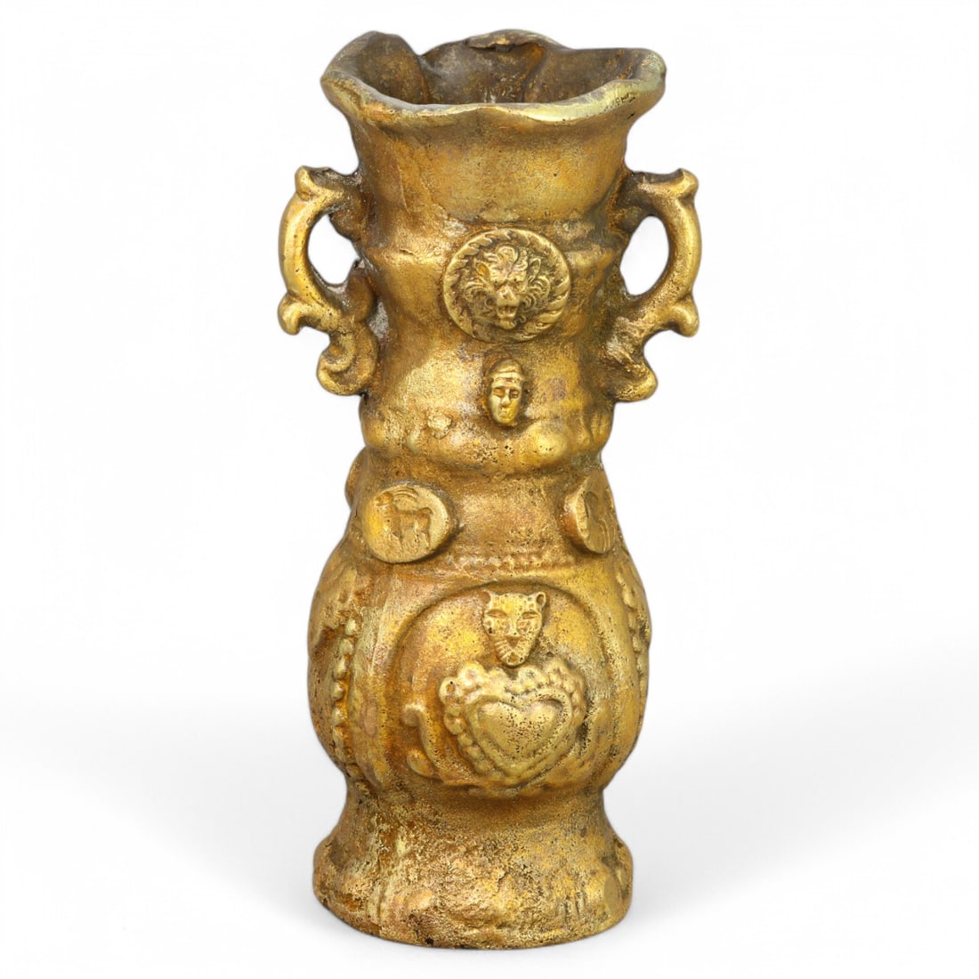 BRONZE CEREMONIAL VESSEL: Gilded Relief Motifs with Dual Handles (1031g, 15x5.5cm) (1 of 7)