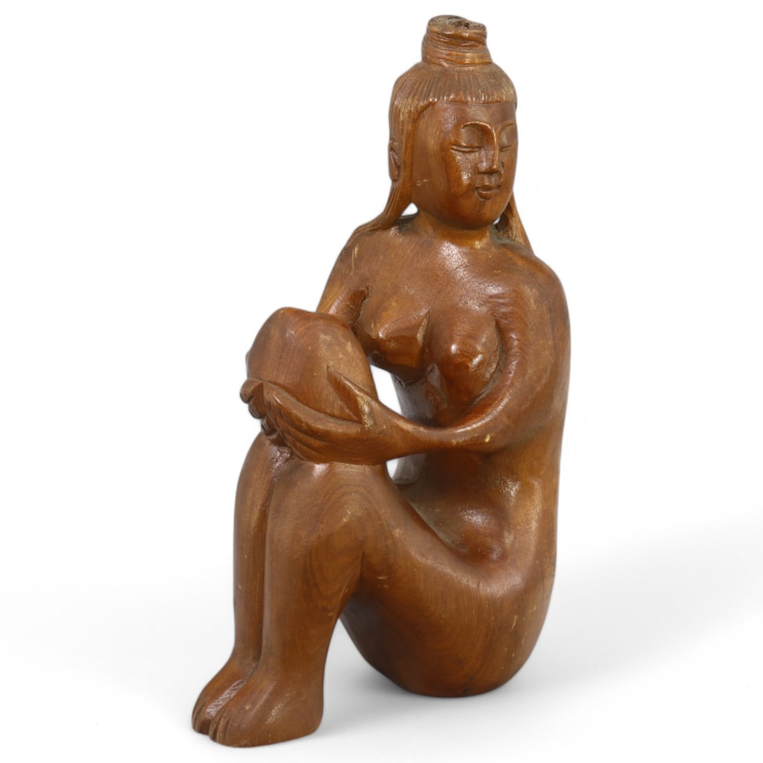 EASTERN ORIENTAL: Hand-Carved Wooden Figure Holding a Peach (283g, 20x11cm) (1 of 5)