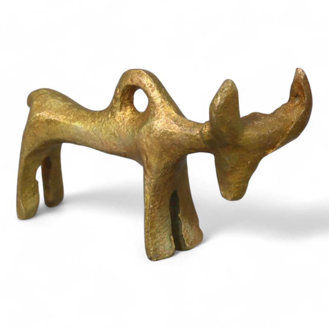 MONGOLIAN: Gold-Gilt Bovine Amulet Pendant, 18th-19th Century CE (17g, 5cm): This striking Mongolian gold-gilt pendant depicts a stylized bovine figure, symbolizing strength and prosperity. Measuring 5 cm and weighing 17g, its bold yet minimalist design reflects the cultural e