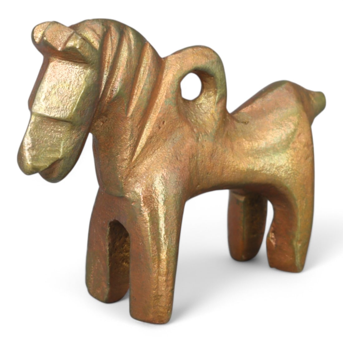 MONGOLIAN: Gold-Gilt Pony Amulet Pendant, 18th-19th Century CE (12g, 3cm): This finely crafted Mongolian gold-gilt amulet pendant depicts a stylized pony, a revered symbol in Mongolian culture. Measuring 3x2.4 cm and weighing 12g, the pendant combines simplicity with symboli