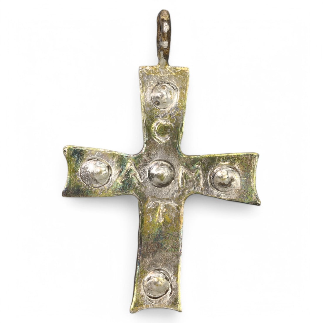 SILVER CROSS PENDANT: Engraved with Decorative Elements (4g, 5cm): This silver cross pendant features a traditional cruciform shape, with engraved circular elements and a suspension loop at the top. The intricate detailing and shimmering patina highlight its craftsma