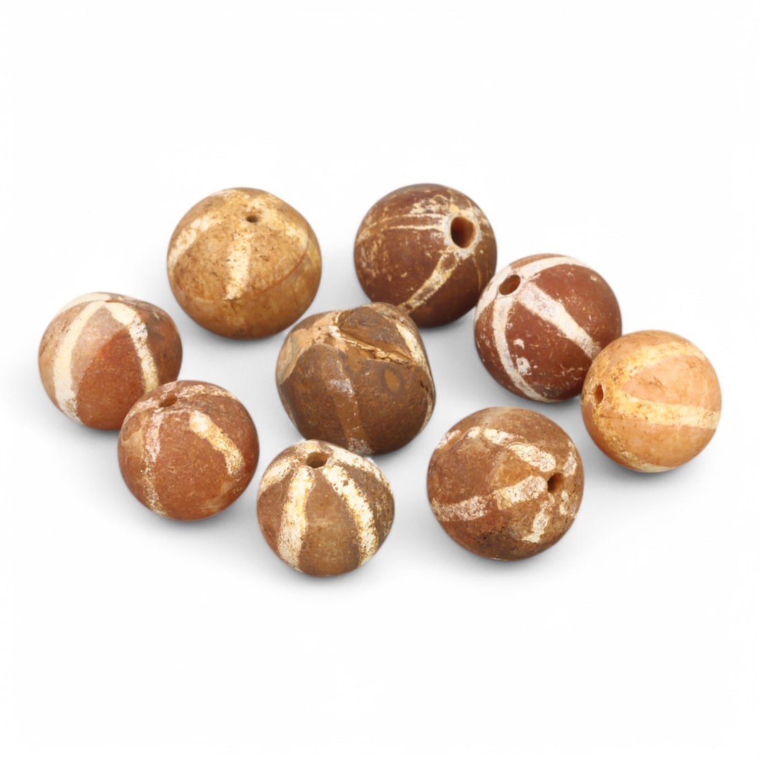 TIBETAN CULTURE: Antique Etched Carnelian Mala Beads (13g, 10-12mm): This set of antique Tibetan mala beads is crafted from etched carnelian, featuring intricate white zigzag and linear patterns that enhance their spiritual significance and aesthetic appeal. These bead