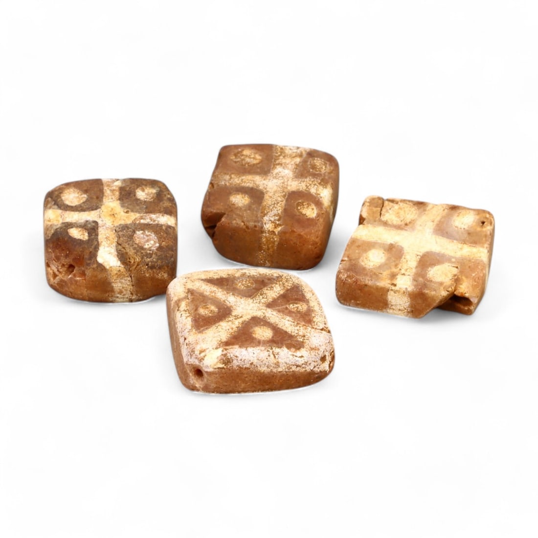 TIBETAN CULTURE: Antique Etched Carnelian Mala Beads (4g, 11-12mm): This set of antique Tibetan mala beads is crafted from etched carnelian, featuring intricate white zigzag and linear patterns that enhance their spiritual significance and aesthetic appeal. These bead