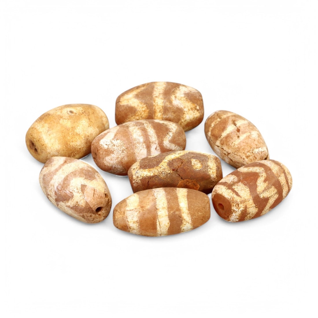 TIBETAN CULTURE: Antique Etched Carnelian Mala Beads (13g, 13-15mm): This set of antique Tibetan mala beads is crafted from etched carnelian, featuring intricate white zigzag and linear patterns that enhance their spiritual significance and aesthetic appeal. These bead